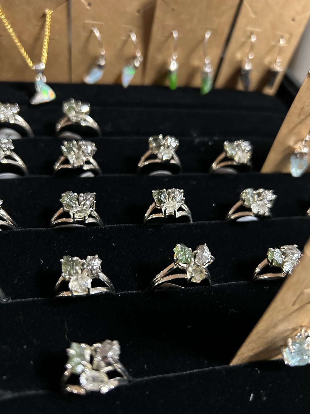 Moldavite, Quartz Diamond, Meteorite Trinity Ring .925 Silver