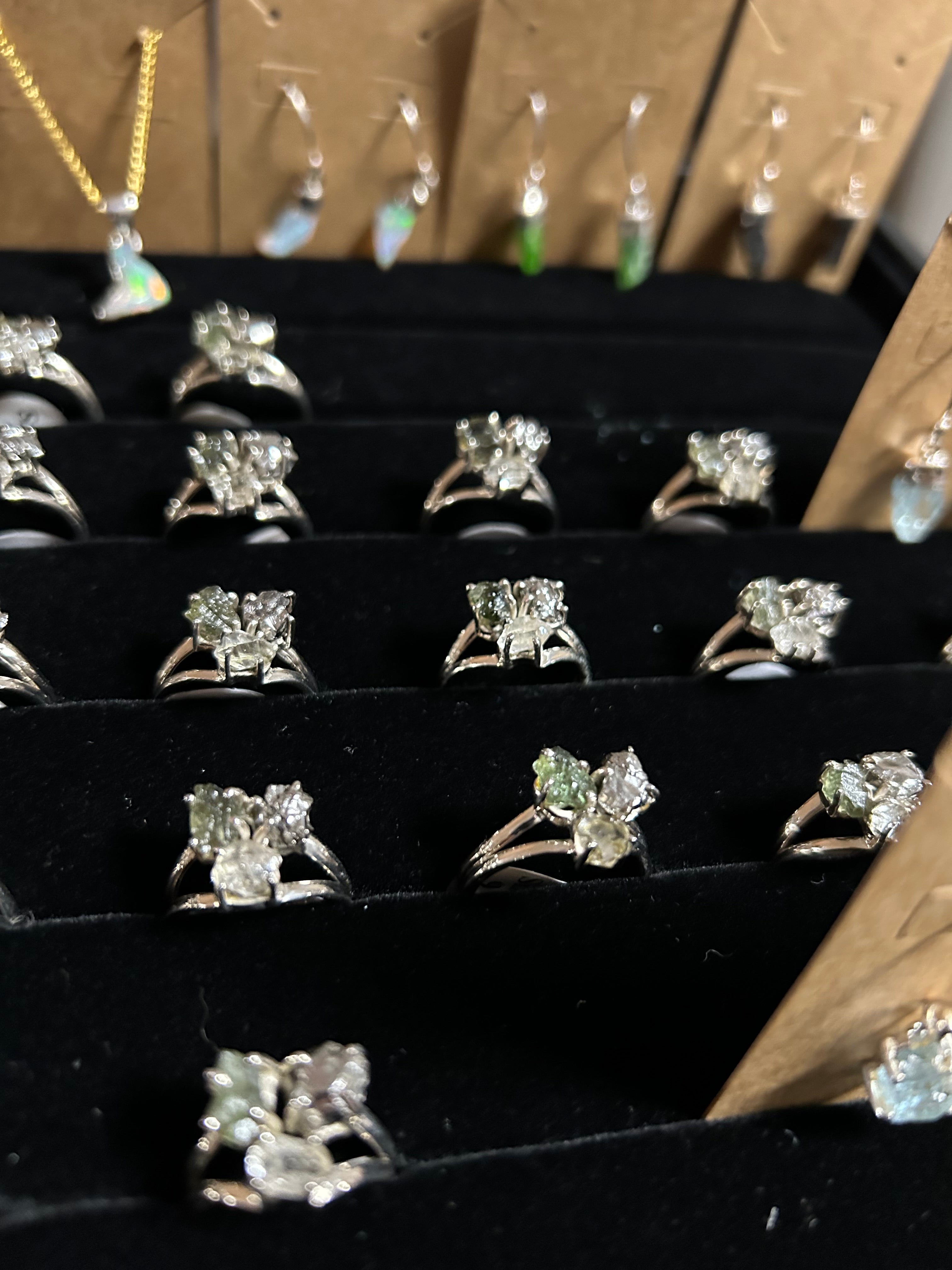 Moldavite, Quartz Diamond, Meteorite Trinity Ring .925 Silver