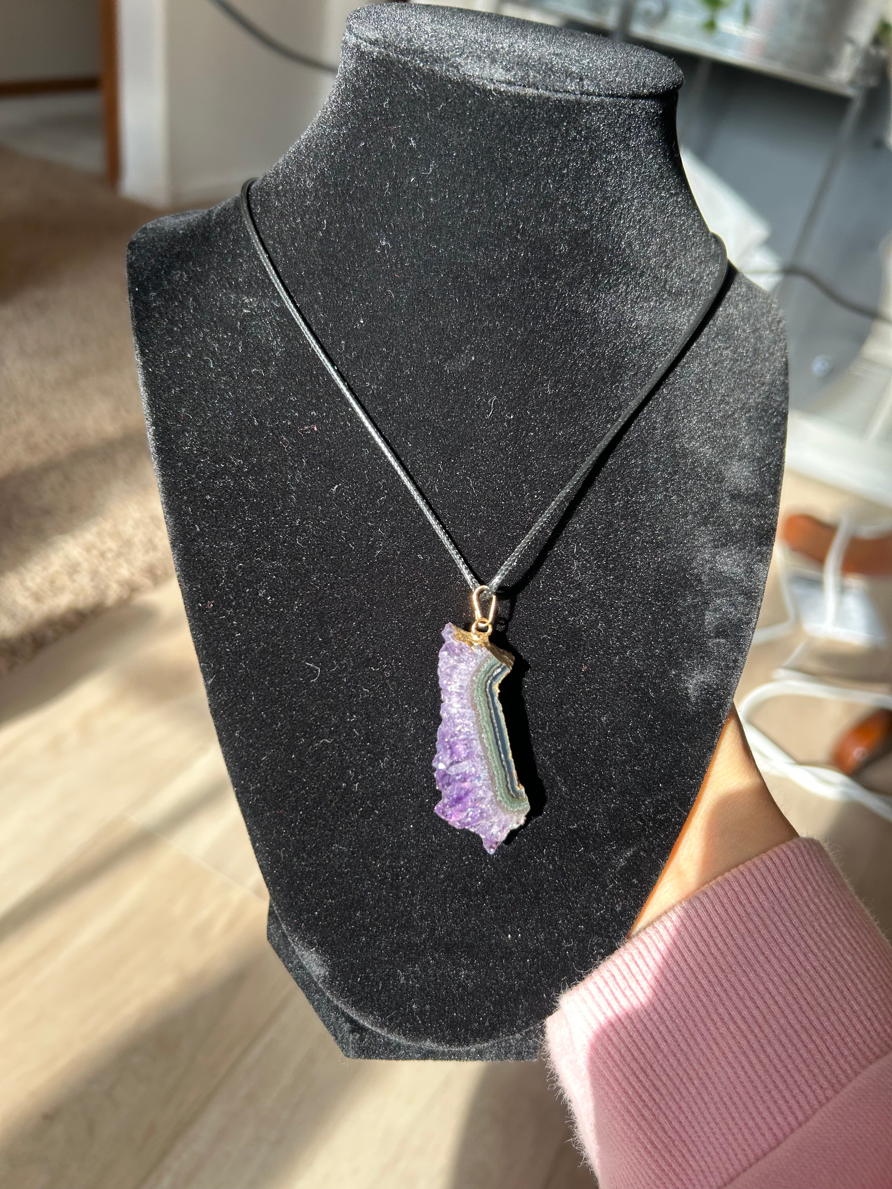 Uruguayan Amethyst Stalactite Slice Crystal Pendant with Necklace (3)