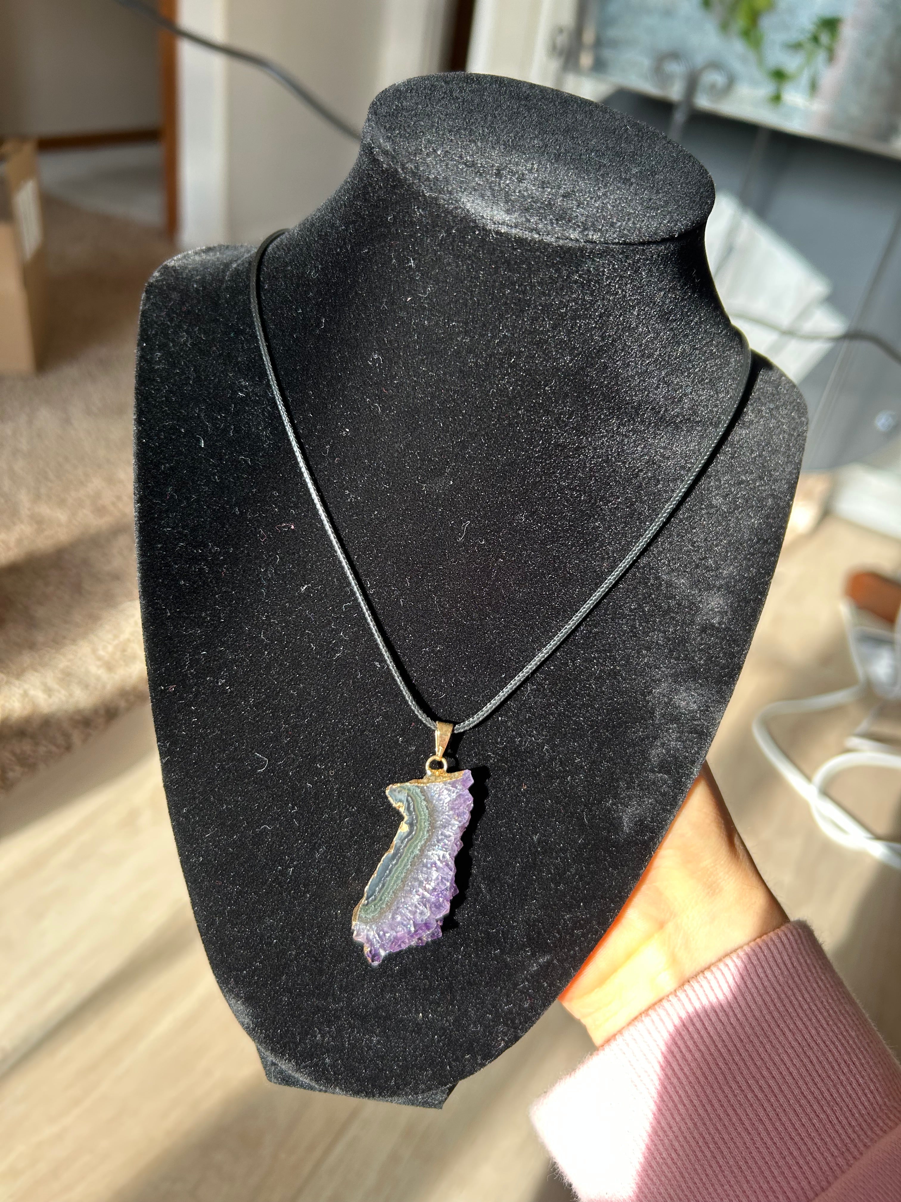 Uruguayan Amethyst Stalactite Slice Crystal Pendant with Necklace (3)