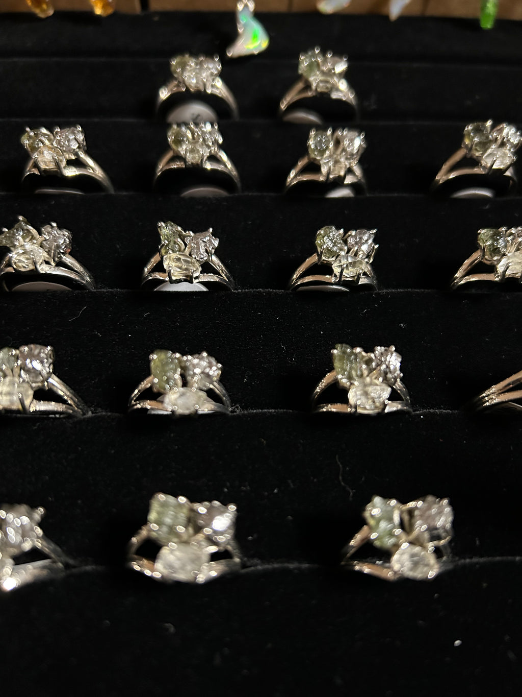 Moldavite, Quartz Diamond, Meteorite Trinity Ring .925 Silver