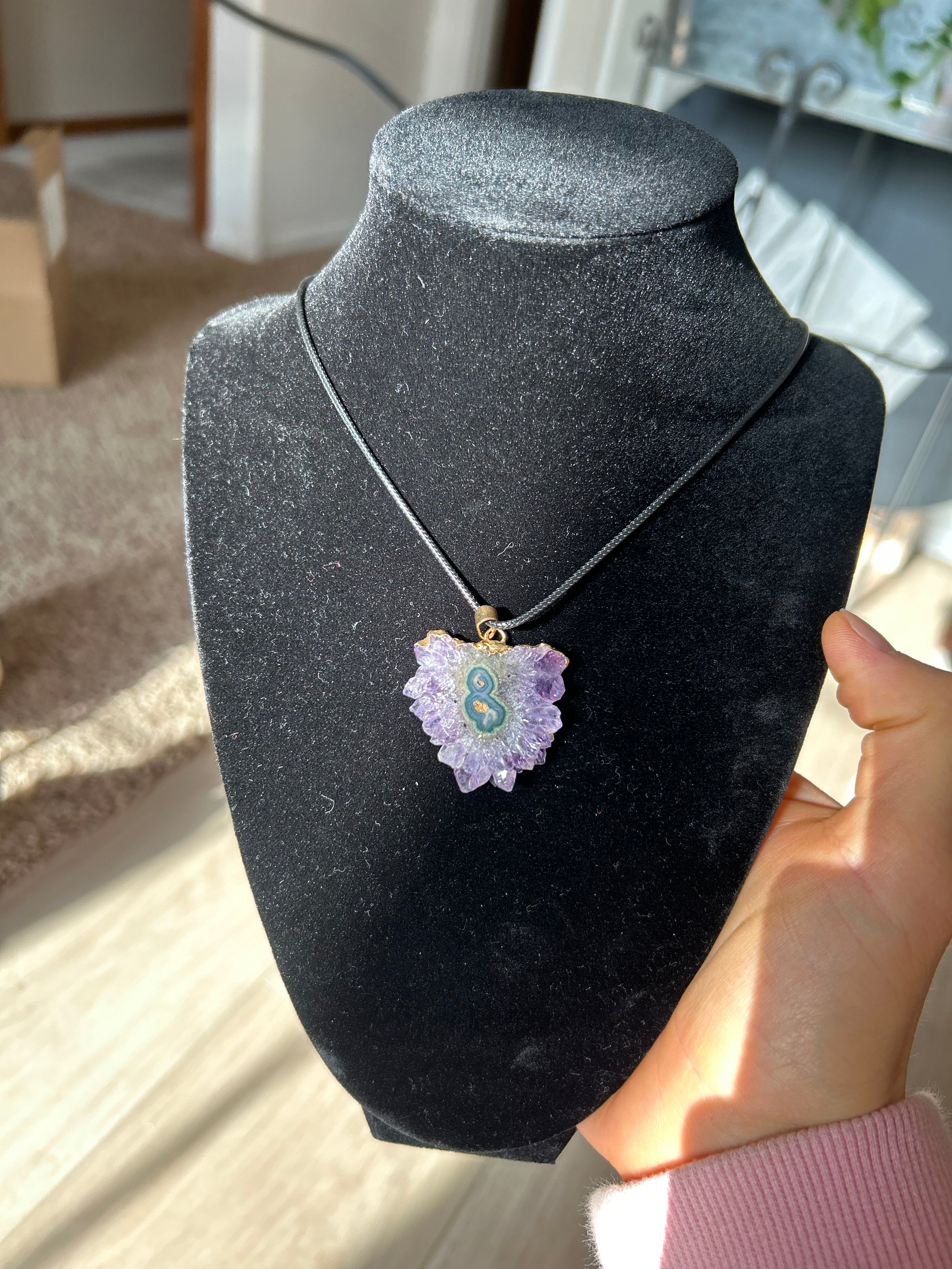 Uruguayan Amethyst Stalactite Slice Crystal Pendant with Necklace (1)