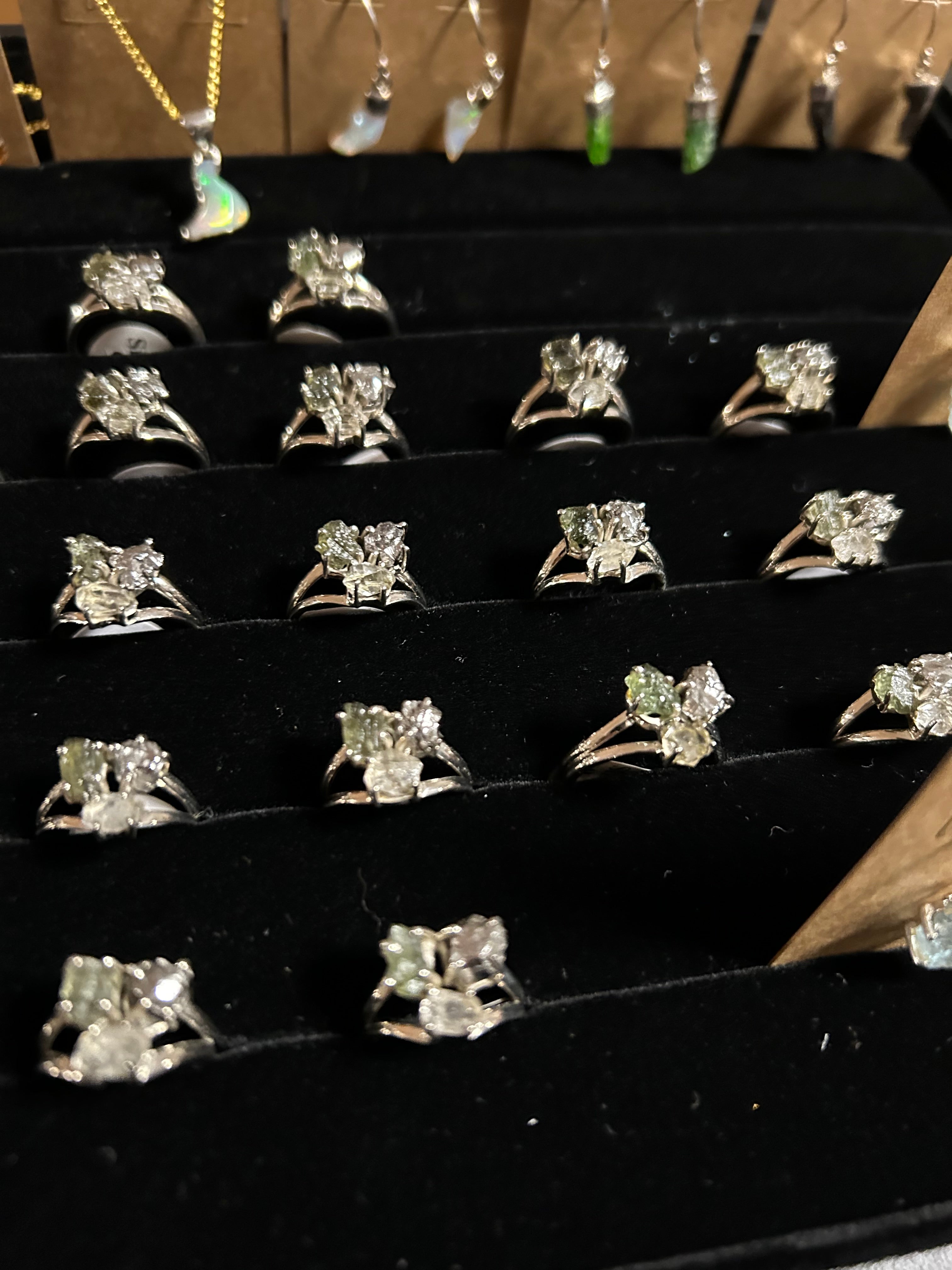 Moldavite, Quartz Diamond, Meteorite Trinity Ring .925 Silver