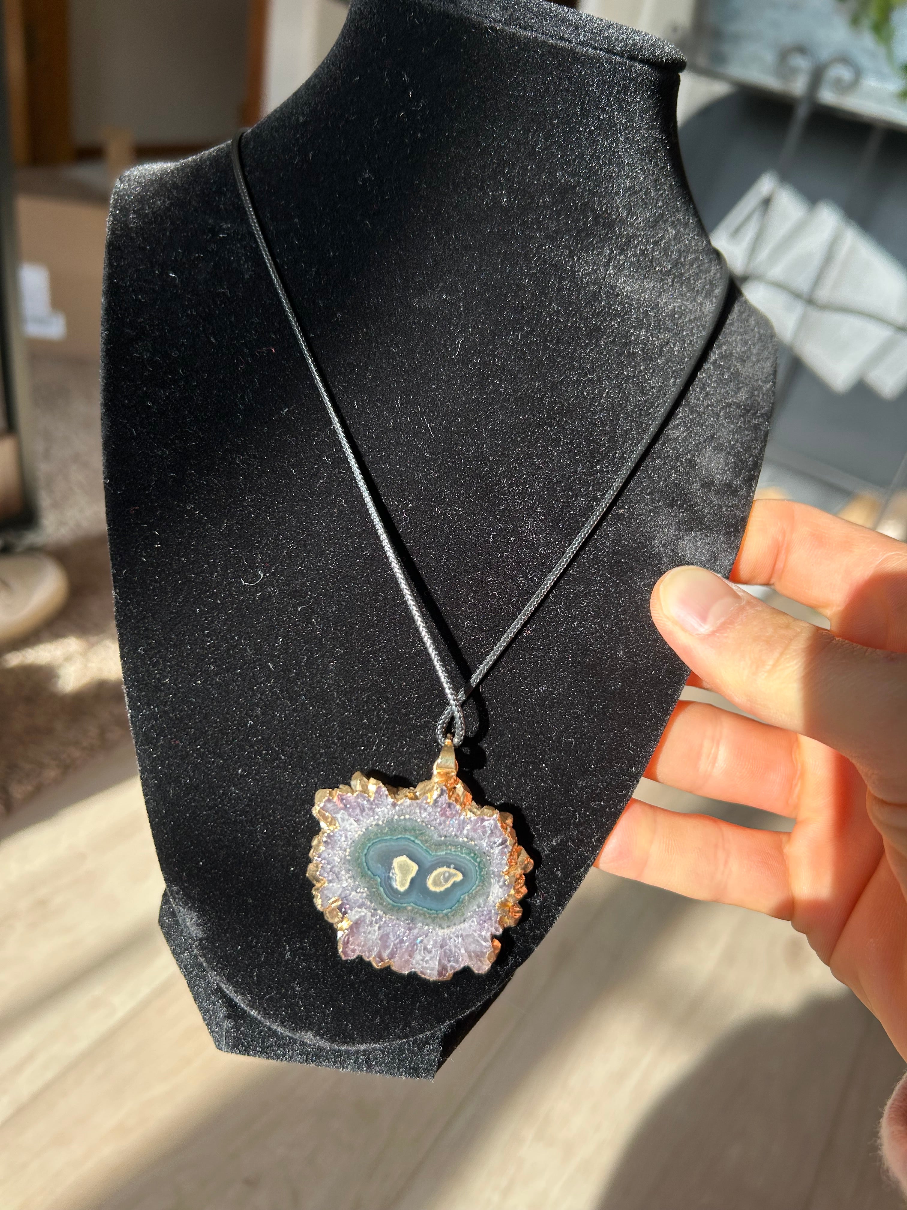 Uruguayan Amethyst Stalactite Slice Crystal Pendant with Necklace (6)