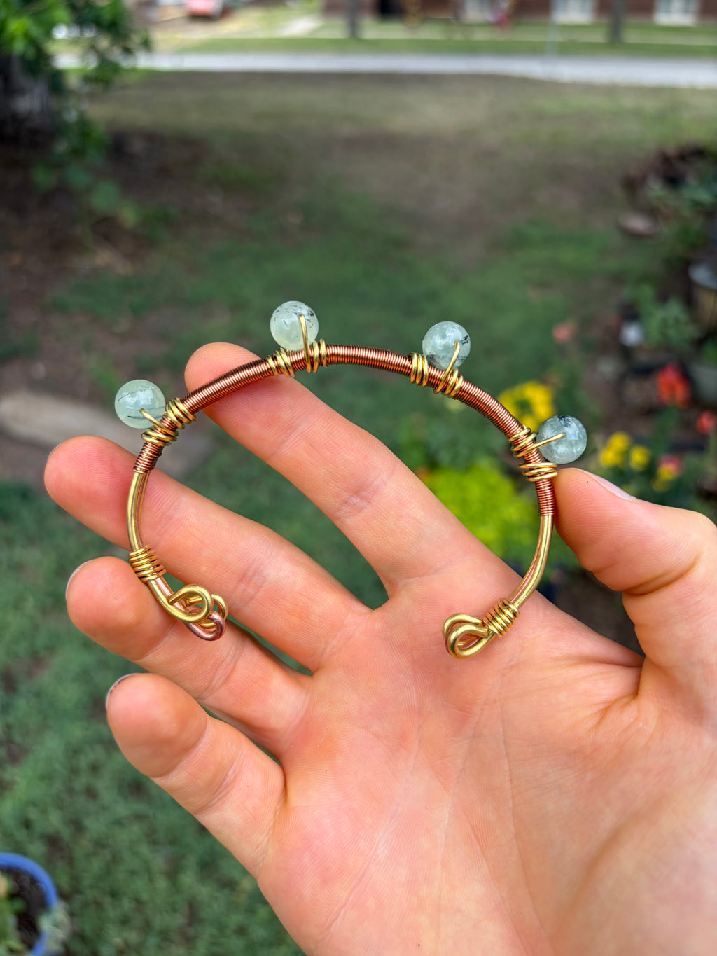 Hand-Made Prehnite Copper-Brass Bracelet