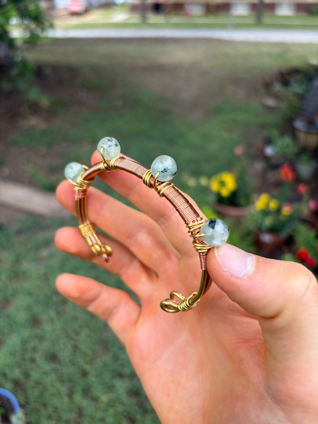 Hand-Made Prehnite Copper-Brass Bracelet