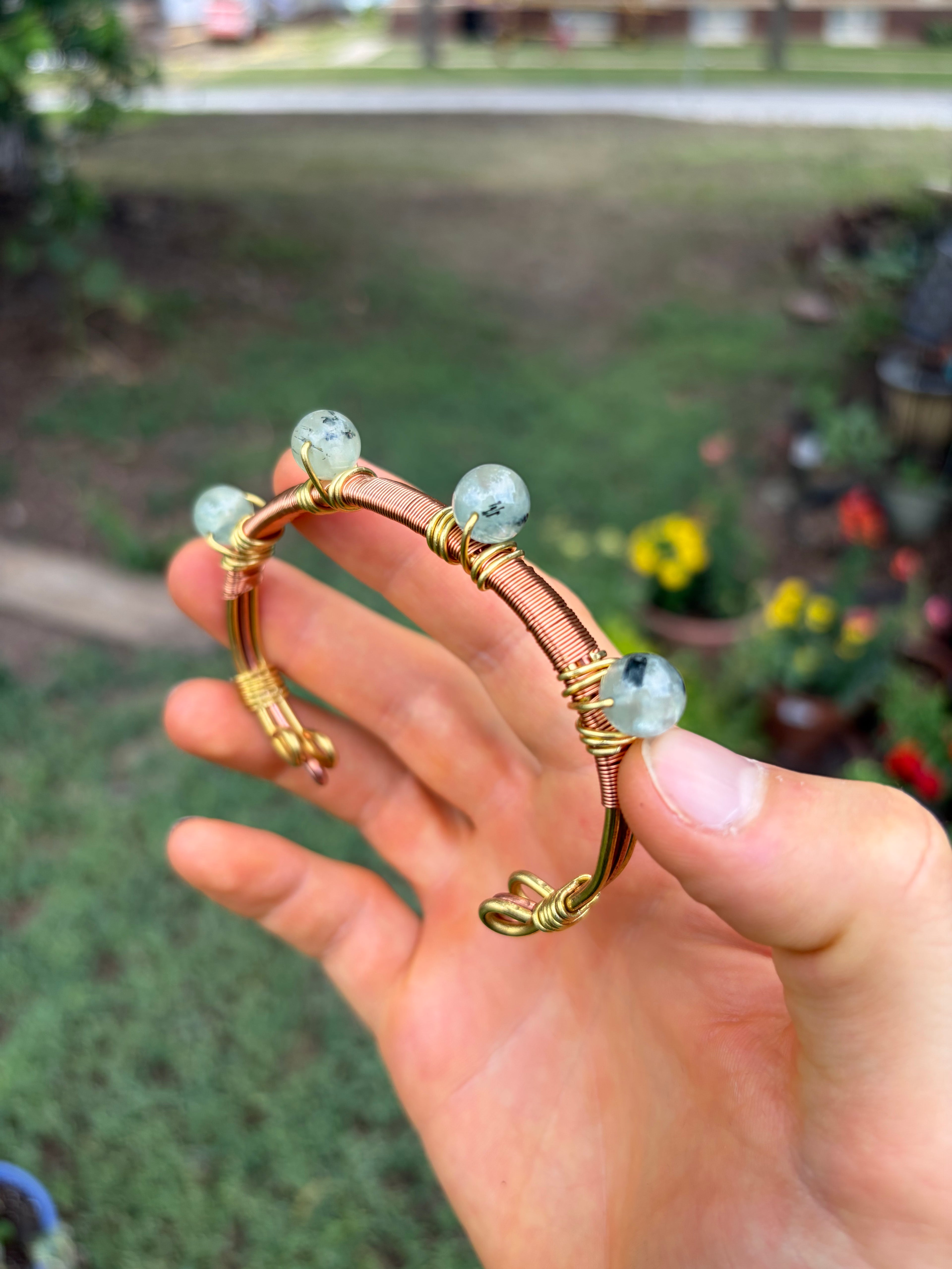 Hand-Made Prehnite Copper-Brass Bracelet