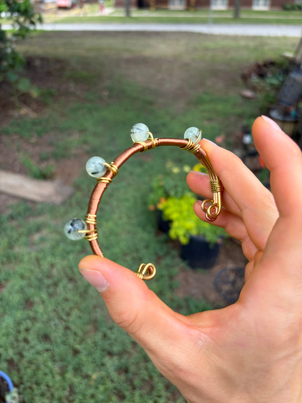Hand-Made Prehnite Copper-Brass Bracelet
