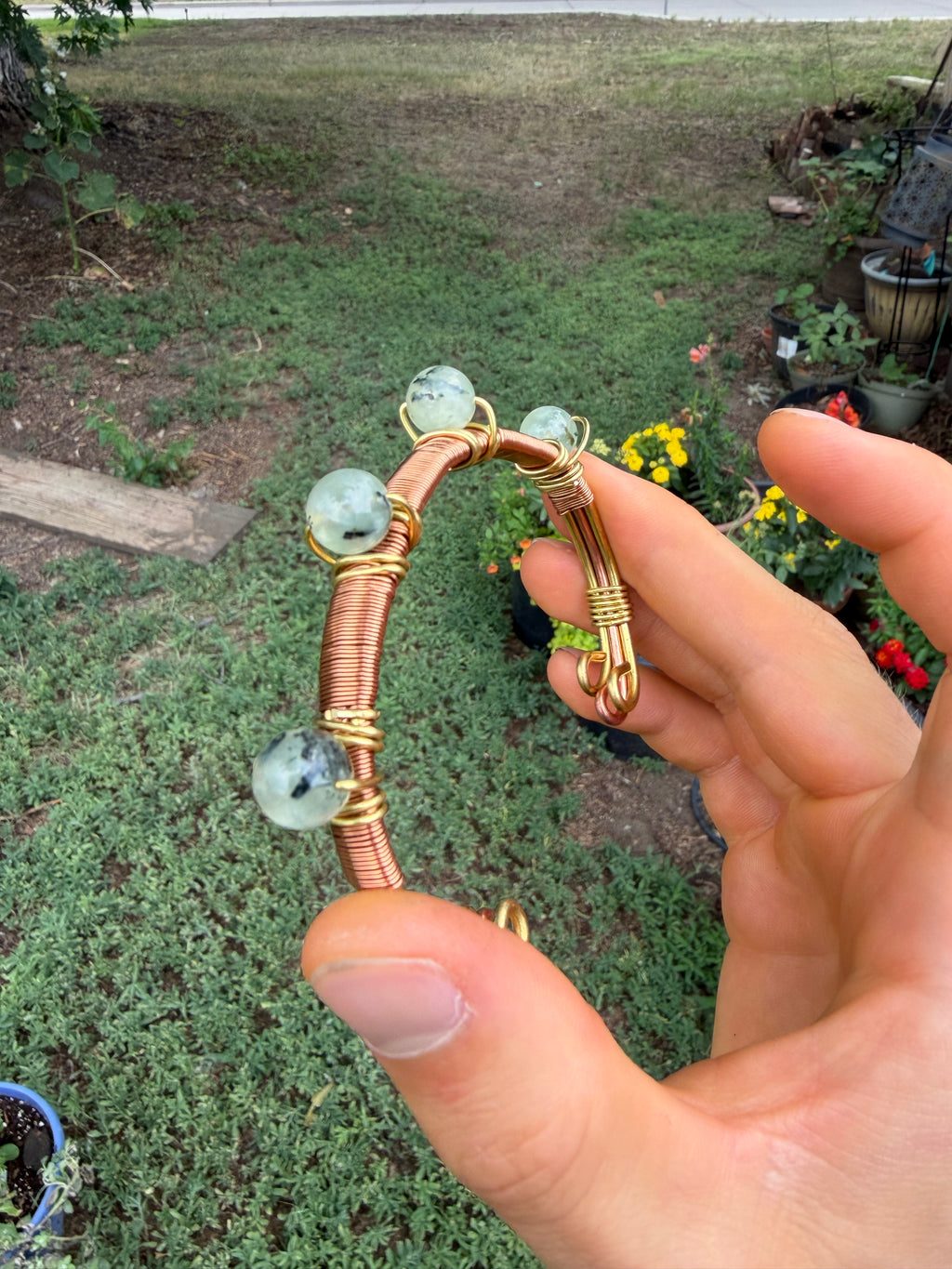 Hand-Made Prehnite Copper-Brass Bracelet