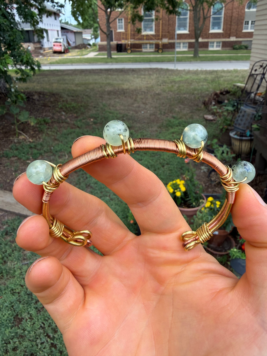 Hand-Made Prehnite Copper-Brass Bracelet
