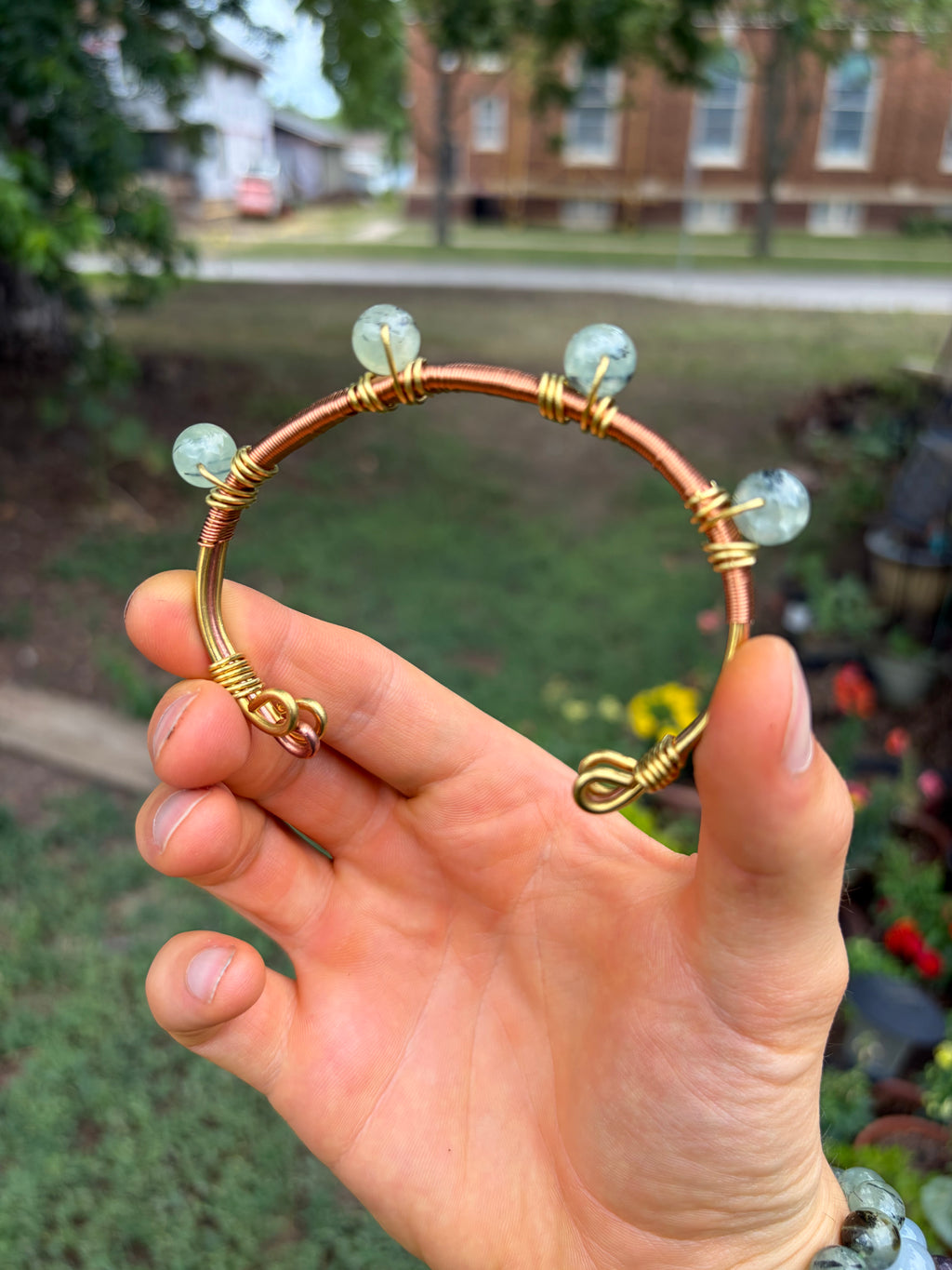 Hand-Made Prehnite Copper-Brass Bracelet