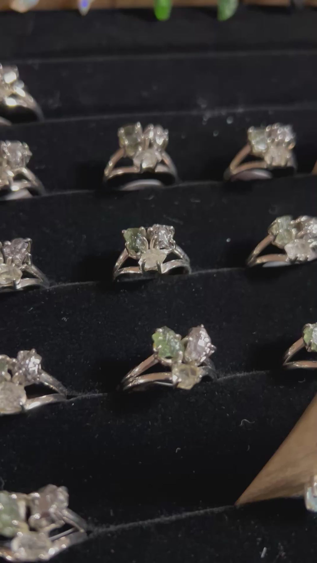 Moldavite, Quartz Diamond, Meteorite Trinity Ring .925 Silver