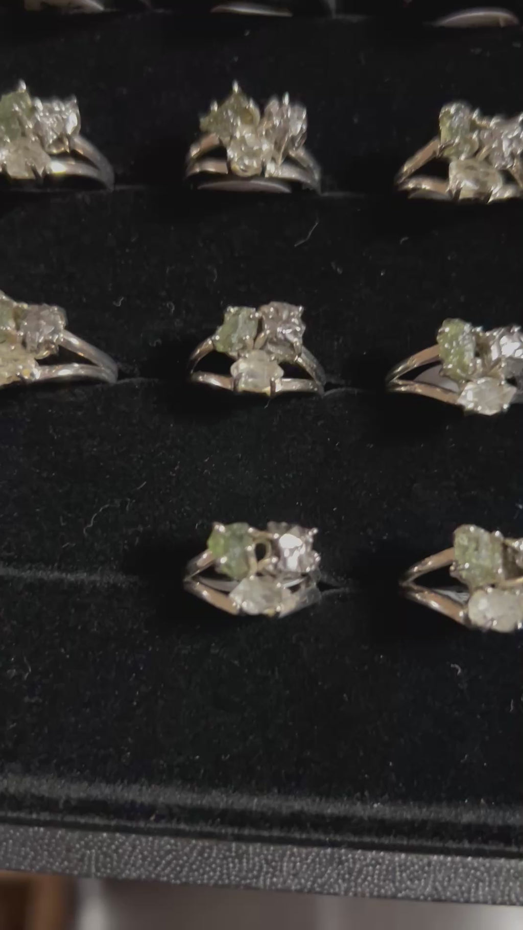 Moldavite, Quartz Diamond, Meteorite Trinity Ring .925 Silver